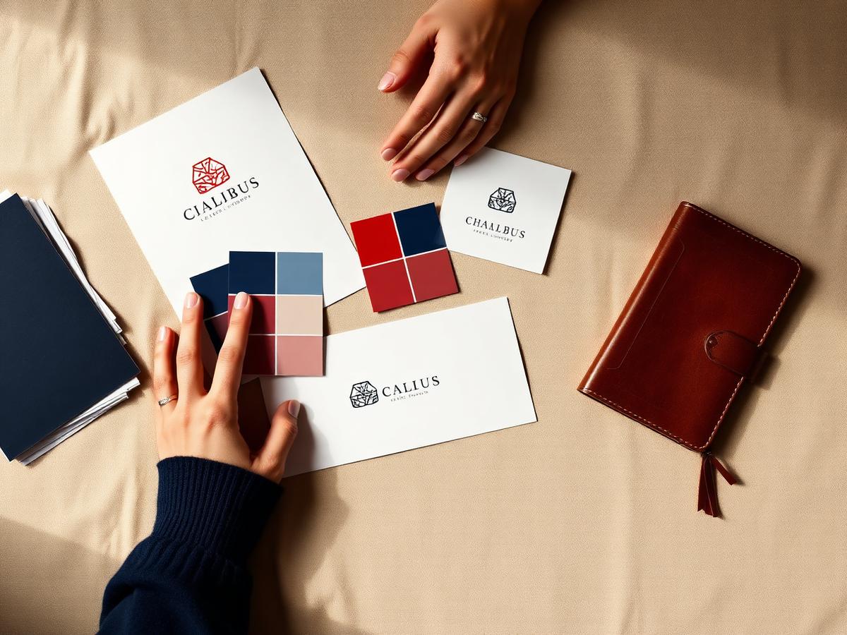 Designer arranging brand identity materials and color swatches