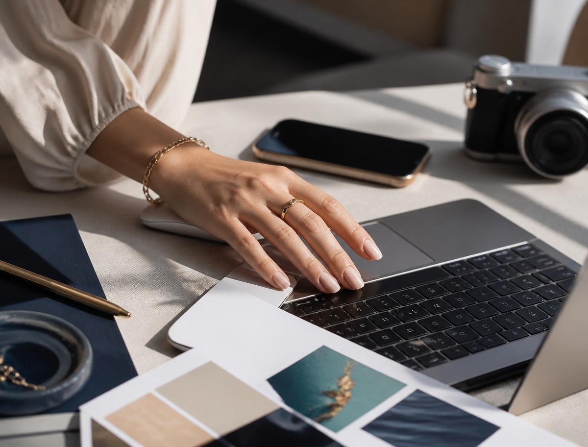 Close-up of a female hand working on a laptop with a camera and brand materials nearby
